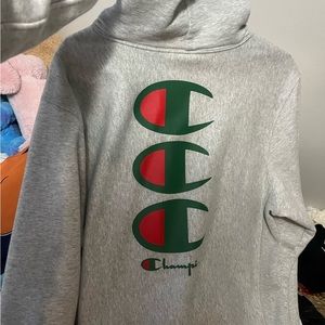 Gray Champion Hoodie Stacked Green Logo